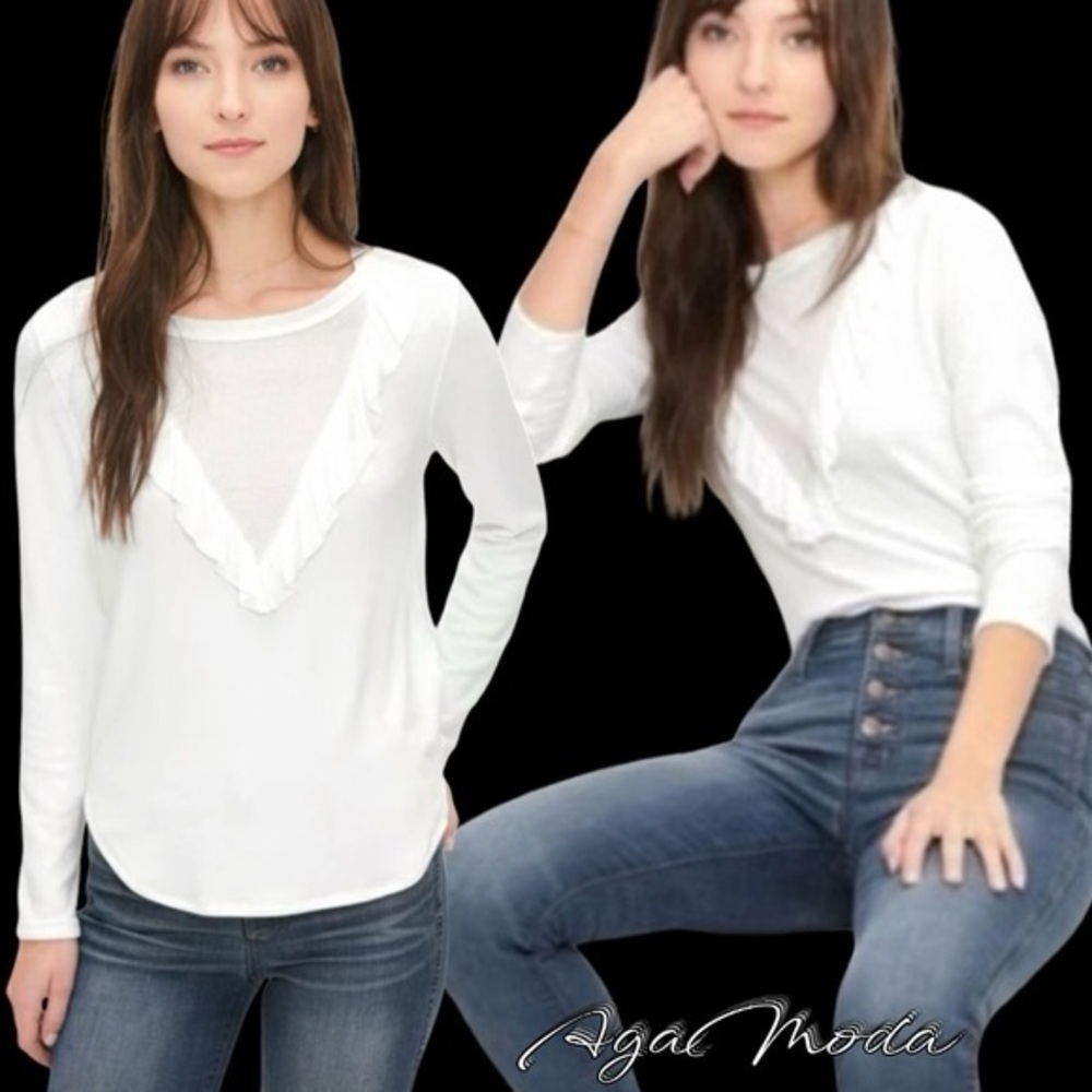Splendid White Long sleeve lightweight Sweater with Rib Ruffle neckline